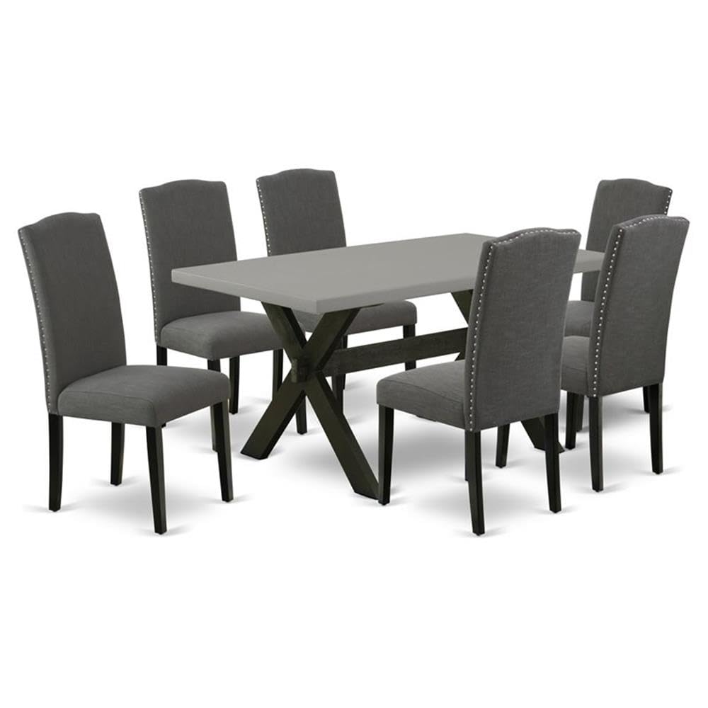East West Furniture X696En120-7 7 Piece Dining Room Table Set Consist Of A Rectangle Kitchen Table With X-Legs And 6 Dark Gotham Linen Fabric Parson Dining Chairs, 36X60 Inch, Multi-Color